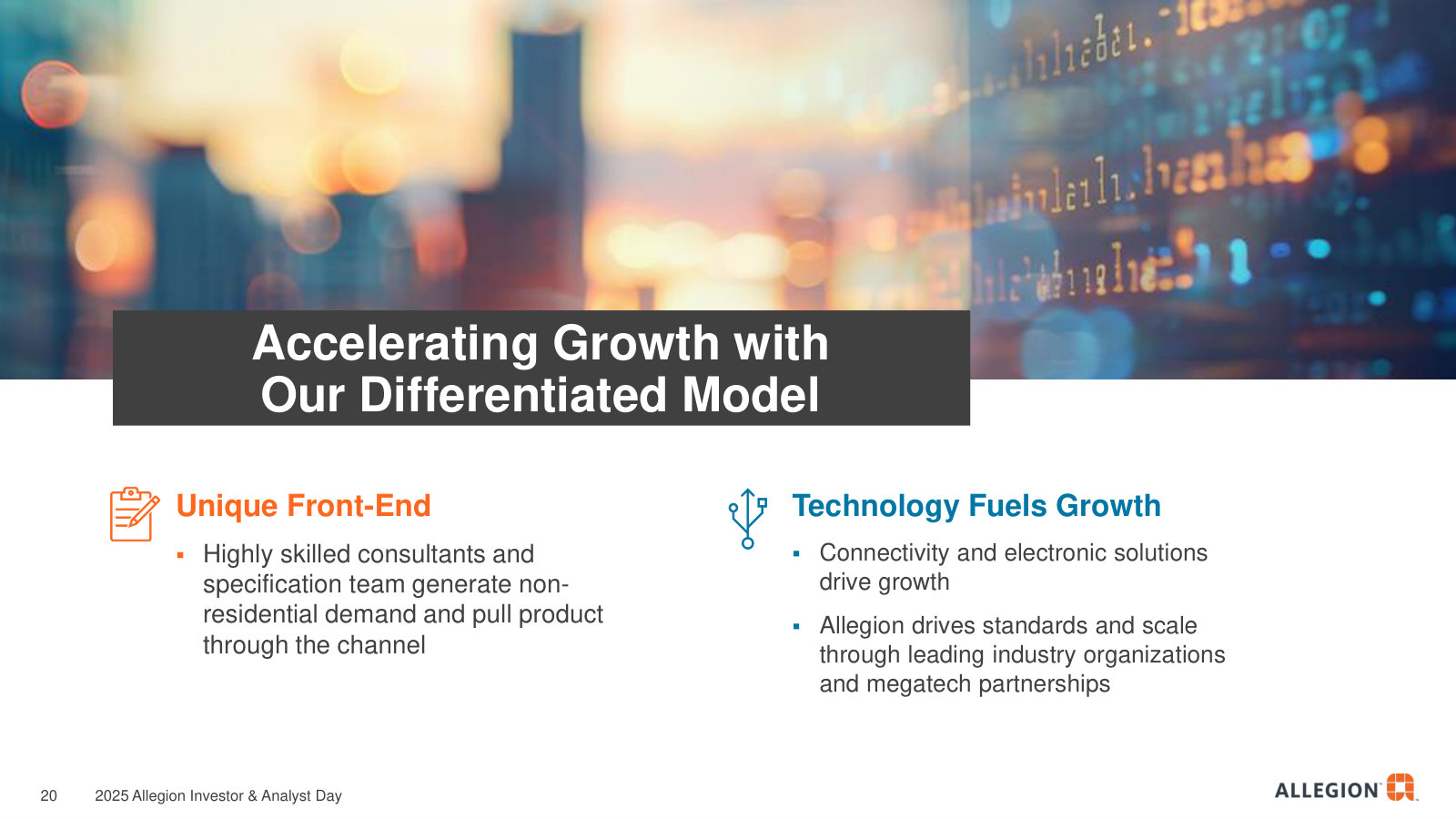 What makes the model different: a spec-writing front end that pulls product through the channel, plus technology that drives growth.