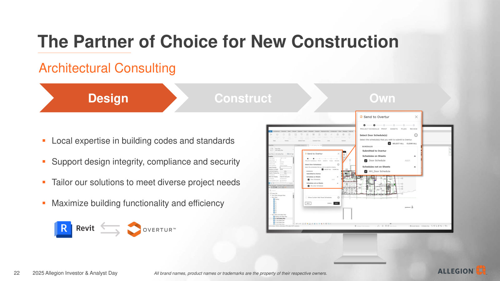 The specification moat up close — architects and consultants design Allegion into projects via Revit/Overtur before bidding begins.